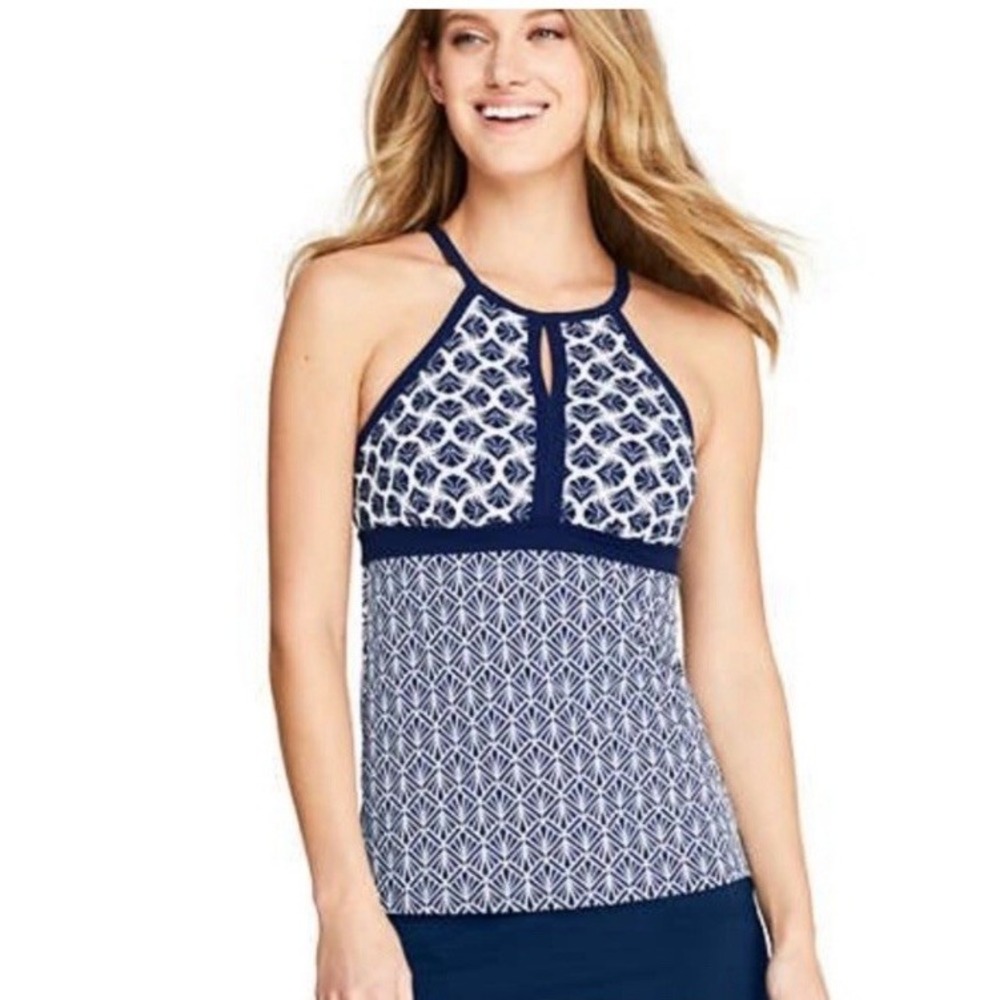 Lands' End High Neck Tankini Top 18W Navy White Modest Keyhole Adjustable Straps